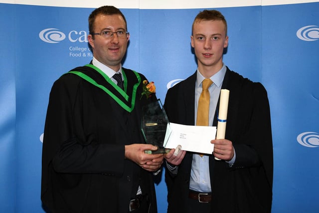 Alex Millar (Antrim) received the Moore Memorial Prize presented to the best overall student on the Level 2 Advanced Technical Certificate in Agriculture from his Programme Manager, Bernard McCloskey at the Greenmount Campus Graduation Ceremony