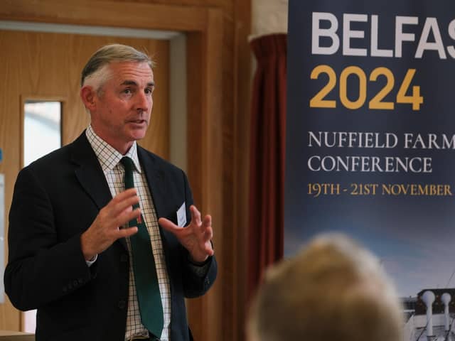 Rupert Alers-Hankey, UK Director Designate, Nuffield Farming Scholarships talking at the Nuffield Farming 2024 annual conference launch at AFBI Hillsborough. Photograph: Columba O'Hare/ Newry.ie