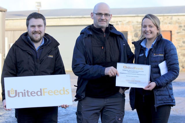 Sean Henry from Desertmartin was the recipient of the £100 United Feeds voucher. He is pictured with company representatives Peter Speir and Edel Madden.