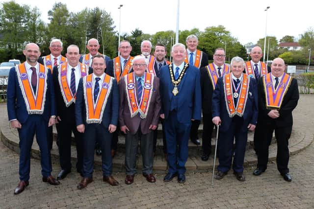 Wor Bro Andy McLean with members of the Orange Order, including The Mayor, Councillor Steven Callaghan and Councillor Allister Kyle. (Pic supplied by CCGBC)