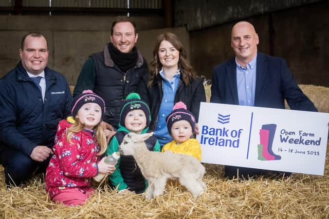 Pictured on Craighall Farm, Antrim to launch Bank of Ireland Open Farm Weekend 2023 are Richard Primrose Bank of Ireland UK Agri-Business Manager, William and Claire Clark from Craighall Farm, Ulster Farmers’ Union Deputy President John McLenaghan and Sadie, Freddie and Evie Morton. Craighall Farm is one of 20 farms participating in this year’s event over Father’s Day weekend 16-18 June.