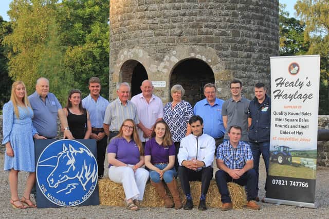 Pictured are sponsors and directors of the Randox Antrim Show’s Equine section (front, l-r) Zara and Aimee Davis, Laurel View Equestrian; Marc Coppez, Randox Health; sponsor Brian Wallace; (back) Jenny Reid, National Pony Society; David Nicholl; sponsor Ruth Montgomery; William Adair, Beattie’s Farm Supplies; James Clements; Alistair and Gillian Lindsay; Roy and Ryan Kirkpatrick, Islandbawn Stores; and John Healy, Healy’s Haylage. Photo: Julie Hazelton.