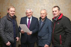 Seamus McCaffrey (second from left) an accountant from Omagh and guest speaker at Fermanagh Grassland Club, discussing tax planning with club members (from left) Gareth Beacom, Kesh; Philip Clarke, Augher and Ian Brown, Macken.