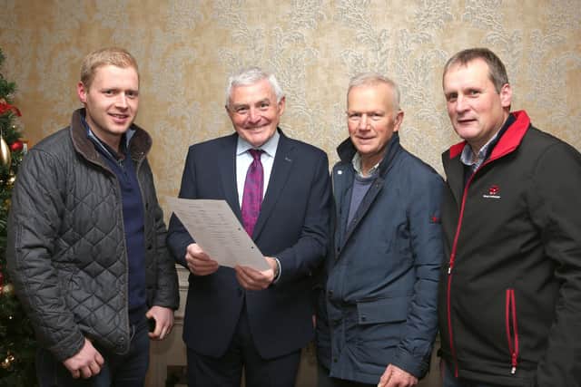 Seamus McCaffrey (second from left) an accountant from Omagh and guest speaker at Fermanagh Grassland Club, discussing tax planning with club members (from left) Gareth Beacom, Kesh; Philip Clarke, Augher and Ian Brown, Macken.