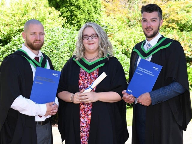 Congratulations to Foundation Degree in Food and Drink Manufacture graduates Matthew Brown (Portadown), Ruth Hobson (Dungannon) and Matthew Bowers (Portadown) who graduated from Loughry Campus. The graduates have been earning and learning following the Higher Level Apprenticeship (HLA) route to attain their qualification whilst working in the food industry. Well done! Pic: CAFRE