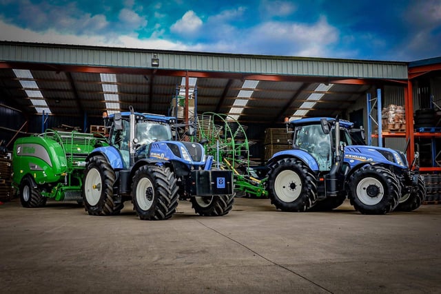 Robert and Scott's (Left) New Holland T7.270 & New McHale Fusion 4 plus, New Holland T6.180 & McHale rake (right) on display (the contacting division)
