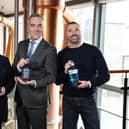 Founder of Hinch Distillery, Dr Terry Cross OBE with his son, Patrick Cross, and James Nesbitt. (Picture by Kelvin Boyes / Press Eye)