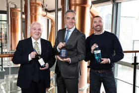 Founder of Hinch Distillery, Dr Terry Cross OBE with his son, Patrick Cross, and James Nesbitt. (Picture by Kelvin Boyes / Press Eye)