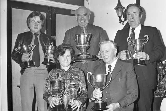 Prizewinners with their Blackface sheep trophies at the URBA dinner which was held at Ballymena in November 1980, the photograph includes Mrs J Cunnigham, John Crawford, John Harkin, John Cunnigham and Patrick Harkin. Picture: Farming Life archives/Darryl Armitage