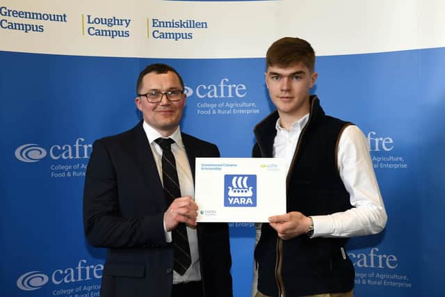 Matthew Hall (Pomeroy) was awarded with the Yara Scholarship by Andrew Morrison at the Greenmount Campus Industry Awards event. Matthew received the Scholarship with the additional opportunity to complete his paid work placement year, as part of his BSc (Hons) Degree in Sustainable Agriculture with the business. Matthew is completing his second year of the degree having been a past pupil of the Royal School Dungannon. (Pic: CAFRE)