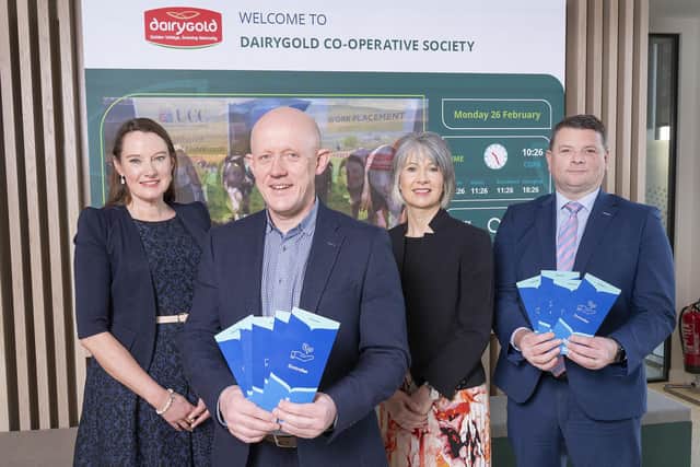 Pictured at the launch of Dairygold’s new Enviroflex partnership with Bank of Ireland are, Orlaith Tynan, Dairygold group head of sustainability, John Fitzgerald, agri manager, Bank of Ireland, Anne O’Mahony, Dairygold Group financial controller, and Liam O’ Flaherty, Dairygold agri business general manager