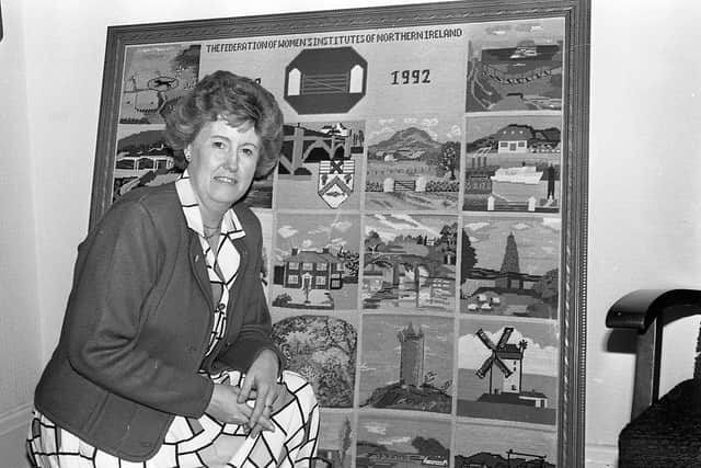 Pictured in September 1992 is Violet England, chairman of the Women’s Institute in Northern Ireland, with the 60th anniversary tapestry which had been made by all the branches in the province. Picture: News Letter archives/Darryl Armitage