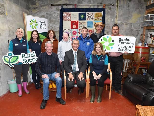 Aoibeann Walsh, Rural Support, Bronagh McElroy, Yellow Road Farm, Marie Kelly, Yellow Road, Paul Kelly, Yellow Road Farm, Veronica Morris, Rural Support, Agriculture Minister Edwin Poots, along with participants Martin, Conor, Christopher, and Brian.