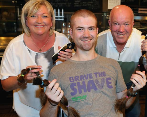 END RESULT! Matthew McAllister who got his hair and beard shaved by hairdresser Sharon Scott at Bushmills Distillery on Saturday to raise funds for MacMillan Cancer 'brave the shave' in memory of his mum Stephanie. (PICTURE KEVIN MCAULEY/MCAULEY MULTIMEDIA)