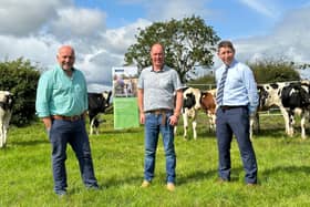 UGS President David Linton pictured left at the launch of the Society’s Grassland Farmer of the Year competition on the farm of last year’s Winner Gordon Mitchell from Banbridge with Rodney Brown, Head of Agribusiness, Danske Bank. (Pic: UGS)