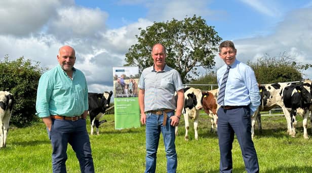 UGS President David Linton pictured left at the launch of the Society’s Grassland Farmer of the Year competition on the farm of last year’s Winner Gordon Mitchell from Banbridge with Rodney Brown, Head of Agribusiness, Danske Bank. (Pic: UGS)