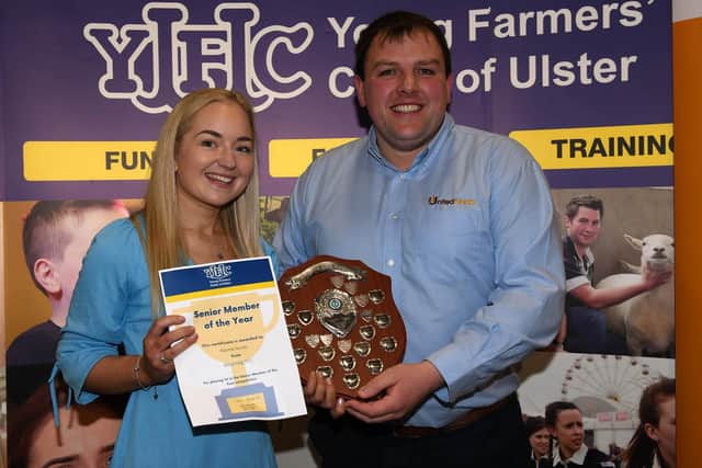 Newly elected YFCU vice president and member of Moycraig YFC, Rachel Smith who won senior member of the year 2023 with Alan Boyd, United Feeds