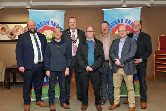 Deputy Lord Mayor of Armagh City, Banbridge and Craigavon, Councillor Tim McClelland with representives of the carraige driving section, Mark Baxter, Kenneth Johnston, David Johnston, Paul Trimble, Richard Caddoo and Joseph McAleese.