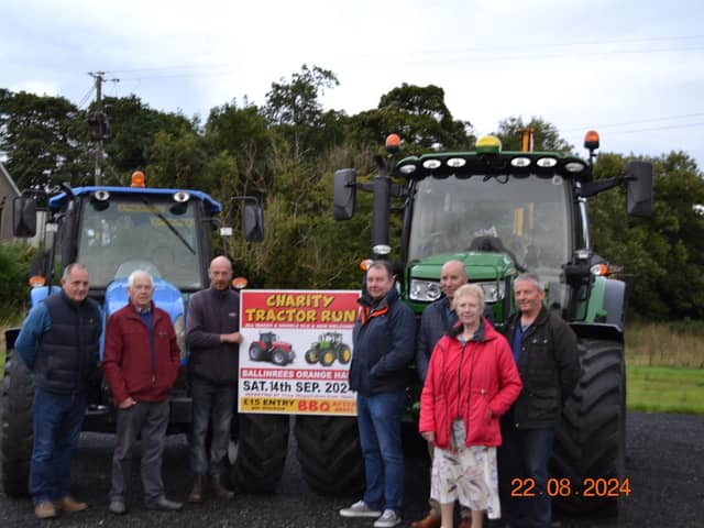 Organising Committee for Ballinrees Community and Culture Society read for their annual charity tractor run, from left, Mervyn Dallas, Glenn Kerr (chairman) Jonathan Kerr, Samuel Sloan (secretary) Edwin Calvin, Helen Sloan, Samuel Calvin. (Pic: Freelance)