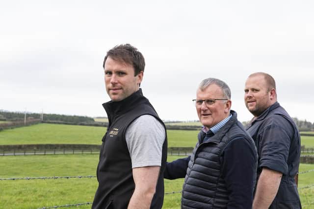 From left William Corrie, farther Will and brother Gareth on the farm at Greyabbey