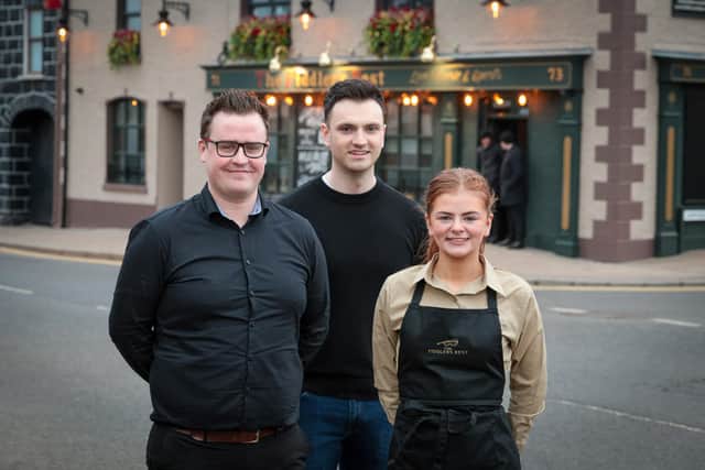 READY TO GO…Pictured during final preparations for the opening of the refurbished Fiddlers Rest in Portglenone are (l-r): Aaron Laverty (Venue Manager), Ryan McGlone (Commercial Manager, Dormans Hospitality Group) and Ciara Duggan (Front of House Staff).