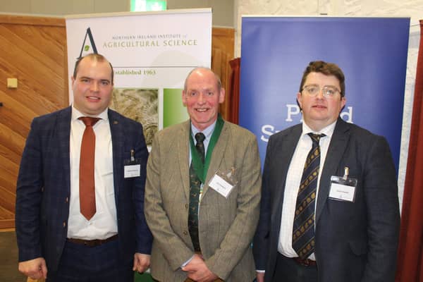 Nuffield Scholar, Jason Rankin, recently presented to members of the Northern Ireland Institute of Agricultural Science (NIIAS). He is pictured with Richard Primrose, Bank of Ireland (left) and NIIAS president, Jim Freeburn. Pic: Richard Halleron
