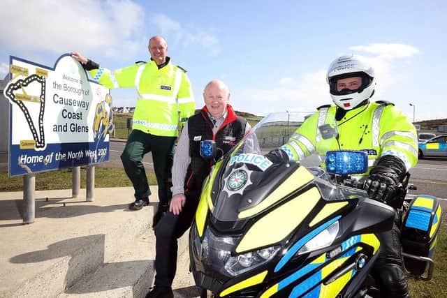 Causeway Coast and Glens District Commander, Superintendent Mark Roberts, Director of North West 200, Mervyn White and PSNI Constable for Roads Policing. (Pic: PSNI)