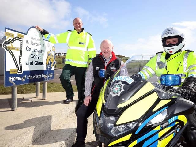 Causeway Coast and Glens District Commander, Superintendent Mark Roberts, Director of North West 200, Mervyn White and PSNI Constable for Roads Policing. (Pic: PSNI)