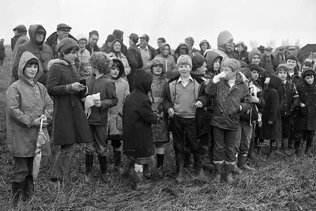 Pupils from Ardglass Primary School are pictured in November 1982 at the International Ploughing Match at Ardglass, Co Down. Picture: Farming Life/News Letter archives