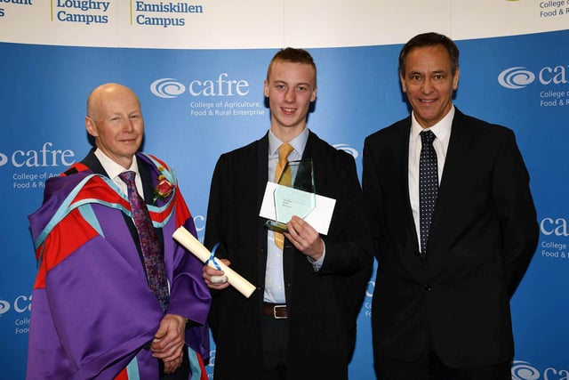 Alex Millar (Antrim) received the Department of Agriculture, Environment and Rural Affairs Prize awarded to the top Level 2 Technical Certificate in Agriculture student. Congratulating Alex are Dr Eric Long (Head of Education, CAFRE) and Cormac McKervey (Head of Agriculture, Ulster Bank and Guest Speaker).