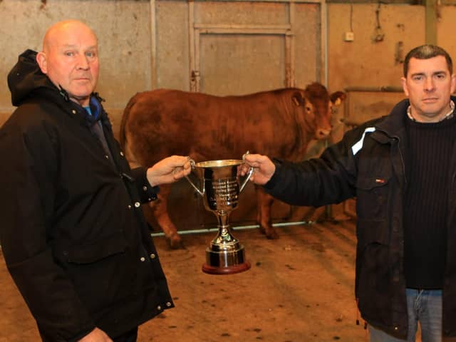 First place in the bullock class and overall champion at the Hilltown mart's spring show and sale on Saturday 22nd April went to Thomas McEvoy, he is pictured with Alan McKee. The sale saw fat cows sell to £2200, heifers to £2000 and bullocks to £2200
