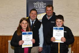 Members who won the 12-14 age category in the silage assessment finals with YFCU president, Stuart Mills and Thompsons representative, Phillip Donaldson. Picture: YFCU