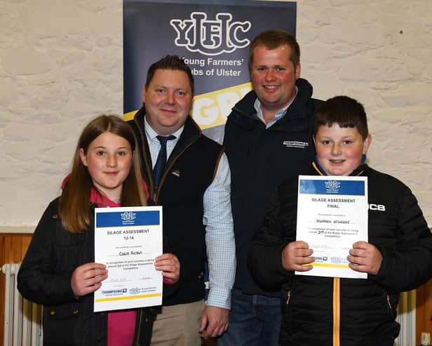 Members who won the 12-14 age category in the silage assessment finals with YFCU president, Stuart Mills and Thompsons representative, Phillip Donaldson. Picture: YFCU