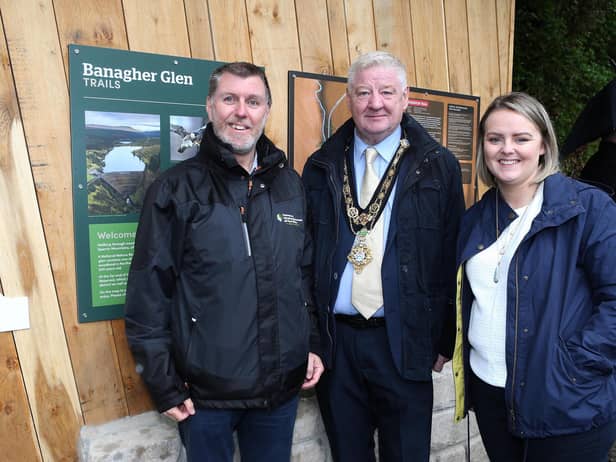 Gerard Tracey from DAERA, Mayor of Causeway Coast and Glens, Councillor Steven Callaghan and Councillor Kathleen McGurk welcome the new enhanced visitor experience at Banagher Glen.