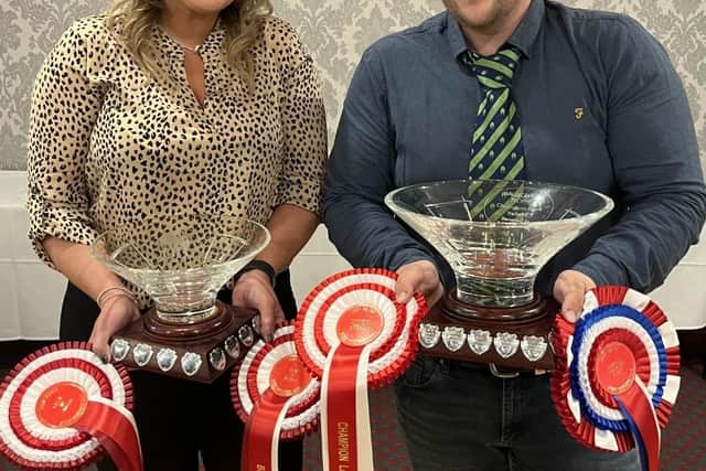 Matthew Burleigh and his partner Rachel Almond proudly displaying some of their many accolades for Matt’s Flock, Kinawley, in the annual Irish Beltex Flock Competition.