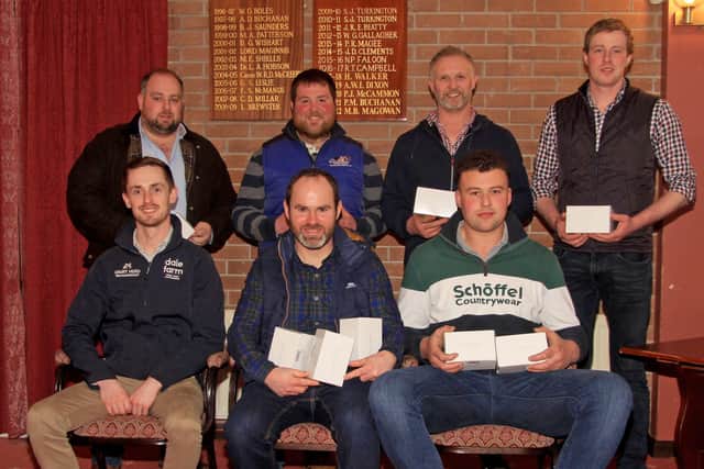 David Patterson, front left, is pictured at Holstein NI’s AGM with breeders who won championship awards at shows in 2022. Included are Jason Booth, Stewartstown; and Josh Ebron, Annaghmore. Back row, from left: Stephen Watterson, Magherafelt; John McLean, Bushmills; Martin Millar, Coleraine; and David Simpson, Lisburn. Picture: Julie Hazelton
