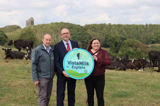 VistaMilk Research Ireland Centre has announced the launch of VistaMilk Explore, a new AgriTech innovation facility that will help innovators and businesses develop, test and advance agricultural technologies towards the market. Pictured L-R Laurence Shalloo, Head of the Teagasc Animal and Grassland, Research and Innovation programme and Deputy Director of VistaMilk Research Ireland Centre, Kevin Curran, Head of Enterprise at Local Enterprise Office, Cork North and West and Elizabeth Walsh, Operations Manager at VistaMilk Research Ireland Centre.