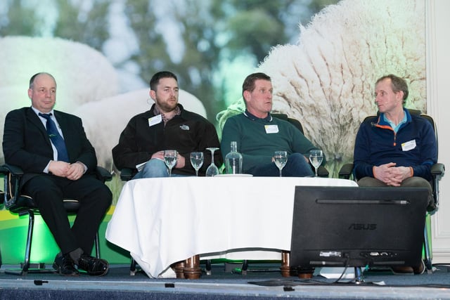 Panel guests: Michael Gottstein Head of Sheep Knowledge Transfer Programme, Patrick Dunne, Wicklow Sheep Farmer, John O'Connell, Leitirim Sheep Farmer, and Seamus Fagan, DATM RVL Athlone at the Teagasc National Sheep Seminar in the Clanree Hotel Letterkenny on Thursday last. Photo Clive Wasson