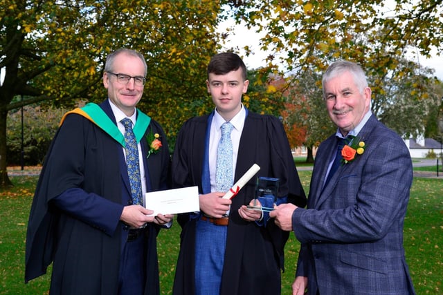 Jonathan French (Randalstown) was presented with the Department of Agriculture, Environment and Rural Affairs Prize awarded to the top Level 2 Technical Certificate in Agriculture student at the Greenmount Campus autumn graduation event. Congratulating Jonathan are Victor Chestnutt (Immediate Past President of the Ulster Farmers’ Union) and Martin McKendry (CAFRE Director).