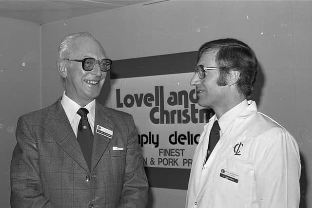 In November 1982 a new £2¼ million pork and bacon factory had been opened by Lovell and Christmas (Ulster) Ltd at Ballylummin, Ahoghill. Farming Life reported that it was one of the most modern factories in Europe. Pictured is Mr T L McElderry, left, chairman of Lovell and Christmas (Ulster) Ltd, with managing director, Mr Eddie Thompson. Picture: Farming Life archives/Darryl Armitage