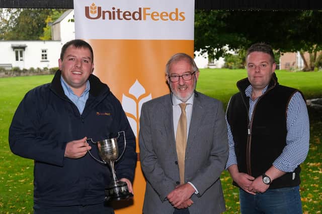 Alan Boyd, United Feeds, with John McIlrath, HA McIlrath and Sons Ltd, and Holstein NI committee member Jonny Matthews.