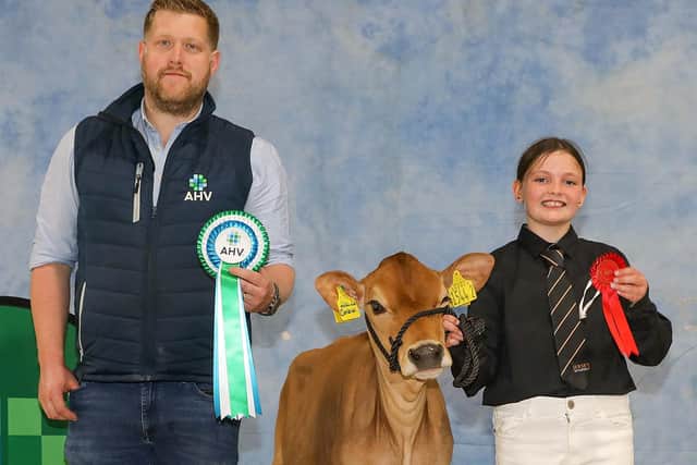 Harriet McCann with Baby Calf class winner Goldbrooke Ferdinand Curlew from Smyth McCann/Aoife O’Sullivan. (Pic supplied by Ulster Jersey Cattle Club)