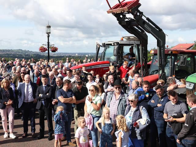 Jon Burrows Ulster Unionist Party Leader  and Jonathan Buckley Democratic Unionist Party join the crowd.Northern Irish farmers are gathering outside parliament buildings (Stormont) today to protest against the shooting of 51 cattle near Fivemiletown.