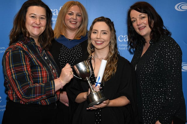Orla Brady (Fivemiletown) was presented with the Norbrook Cup, awarded for the first overall achievement on the Level 3 Veterinary Nursing course by Clare Sheil (Territory Manager, Norbrook) Julie Marner Bilchak (Commercial Technical Manager Companion Animal, Norbrook), and Bethan Pinhey (Senior Lecturer, CAFRE). (Pic: CAFRE)