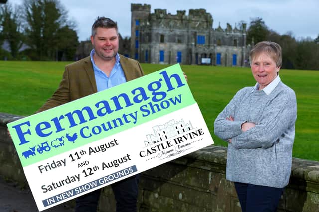 Kyle Porter of Castle Irvine Estate and Ann Orr, Chairman of Fermanagh Farming Society, announcing the new location and dates for Fermanagh County Show in 2023.