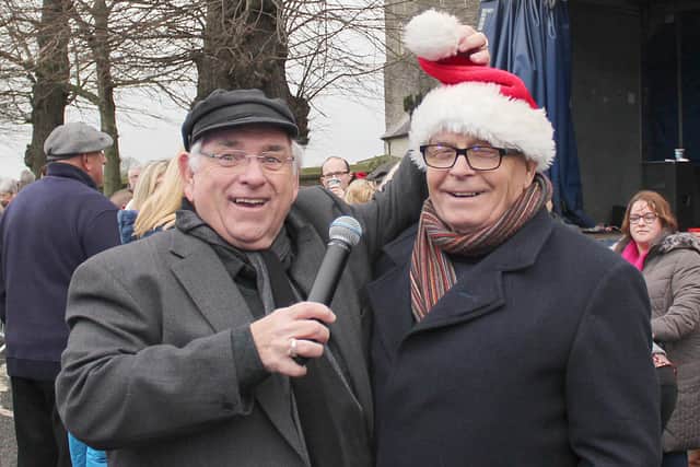 Terence McKeag and BBC’s Hugo Duncan at the Saintfield Christmas Charity Ride in 2019. (Pic supplied by Joan Cunnigham)