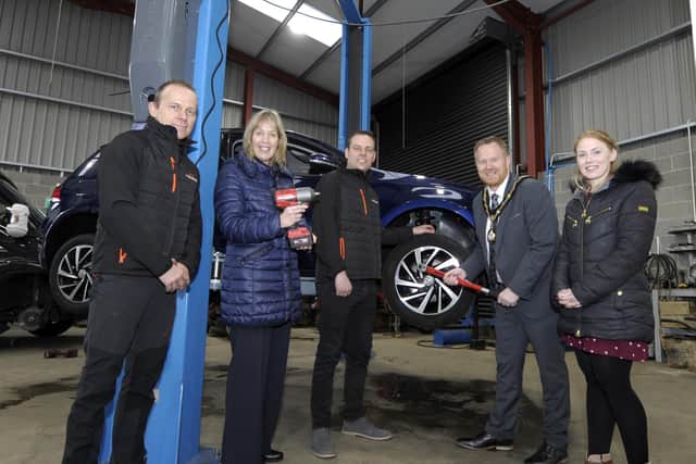 Lord Mayor, Cllr Paul Greenfield along with Nicola Wilson and Joanne Millar at Anvil Tyres with Daniel and Kyle Wethers. ©Edward Byrne Photography