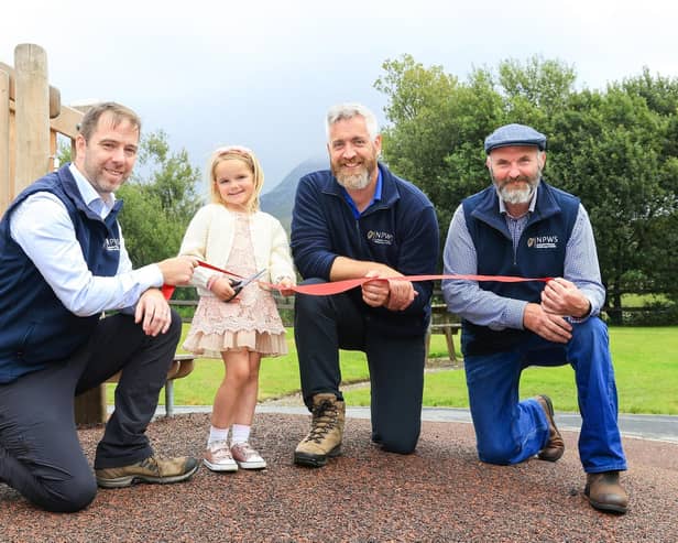 Photo Martina Regan Connemara 1: Eugene Finnerty, NPWS; Mia Suhr, Minister of State Christopher O’Sullivan; Martin Coyne, Foreperson, NPWS.