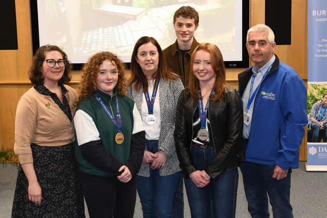 Lori Hartman (Senior Lecturer, CAFRE) and Martin Wooster (lecturer, CAFRE) welcomed WorldSkills UK finalists back to Greenmount Campus to share their competition experiences with Floristry and Horticulture students. Pictured are Anna McLoughlin (Ballymena), Edel Michael (Maghera), Jacob Mercer (Newtownabbey) and Aimee Copeland (Randalstown).