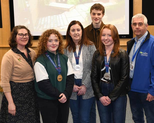 Lori Hartman (Senior Lecturer, CAFRE) and Martin Wooster (lecturer, CAFRE) welcomed WorldSkills UK finalists back to Greenmount Campus to share their competition experiences with Floristry and Horticulture students. Pictured are Anna McLoughlin (Ballymena), Edel Michael (Maghera), Jacob Mercer (Newtownabbey) and Aimee Copeland (Randalstown).